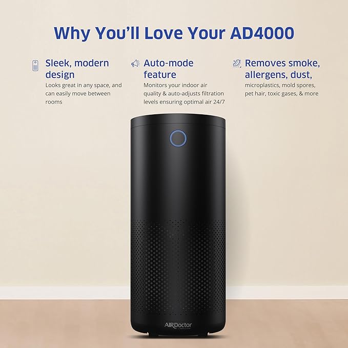 AirDoctor 4000 Air Purifier for Large Rooms | Triple filtration technology with UltraHEPA, Carbon/VOC material & Air Quality Sensor | Captures Particles 100x Smaller Than HEPA Standard (Black)