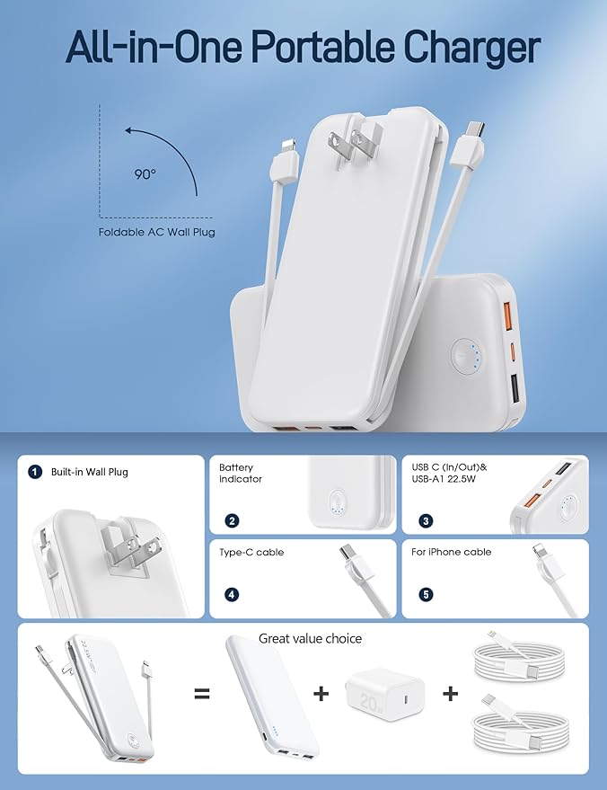 Nusyddy Portable Charger, 12000mAh 22.5W Fast Charging Power Bank with Built-in Cables & Wall Plug, Travel Essentials External Battery Pack, USB C Battery Phone Charger for iPhone, iPad, Samsung White