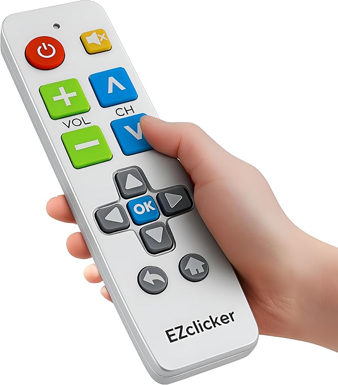EZclicker Big Button Universal TV Remote (Silver) Simple Easy to Use, Great for Seniors, Works with Major TV Brands (2xAAA Batteries Not Included)