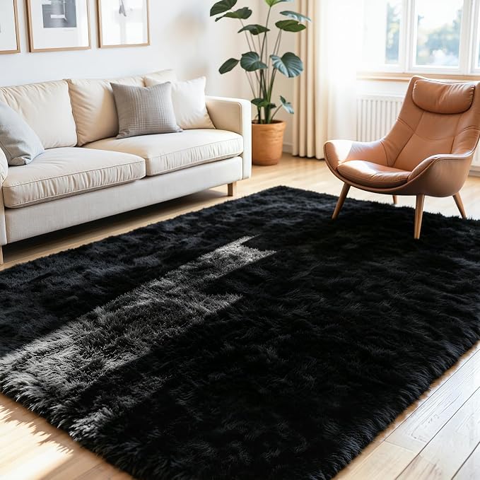 4x6 Fluffy Area Rug for Living Room: Soft Non-Slip Black Bedroom Carpet | Ultra by Oriannal