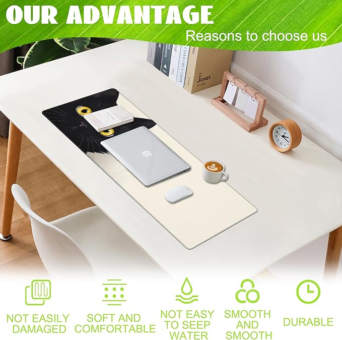 Eflxamz Desk Pad,Black Cat Desk Mat,Cute Cat Large Gaming Mouse Pad for Desk,Extended Big Computer Keyboard Mouse Pad with Non-Slip Base and Stitched Edge,31.5"x11.8"