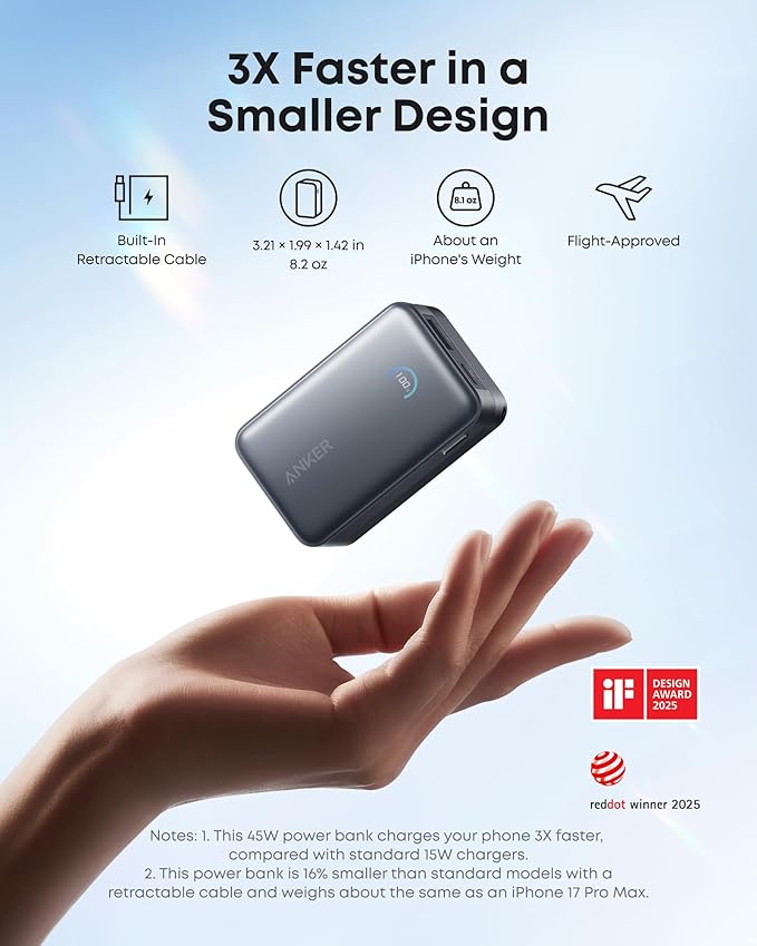 Anker Nano Portable Charger, 10,000mAh 45W Max Compact Power Bank, Travel Essential Phone Battery Pack with 2.3 ft InstaCord Retractable Cable for iPhone 17/16 Series, iPad, Galaxy, Pixel, and More