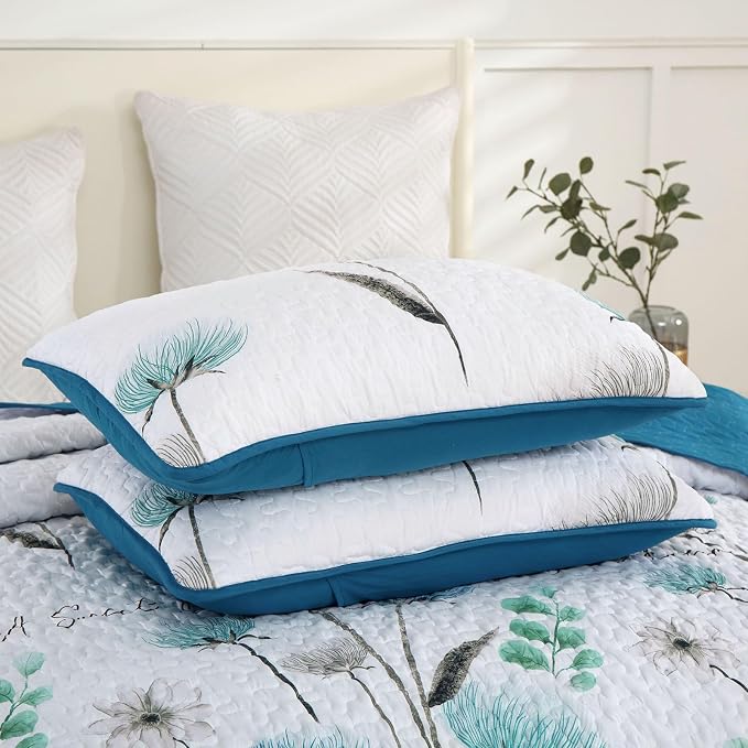 Dinjoy King Quilt Set, 3 Pieces Teal Boho Bedspreads, Fall Flower Bedding | - Image 8