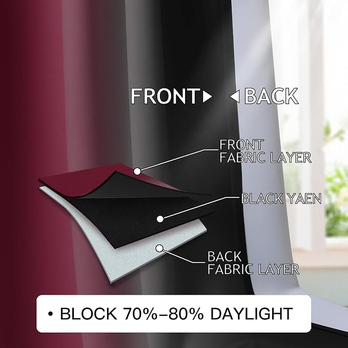 COSVIYA Curtains & Drapes Burgundy Red and Black Curtains W52 x L84 Inch | - Image 2