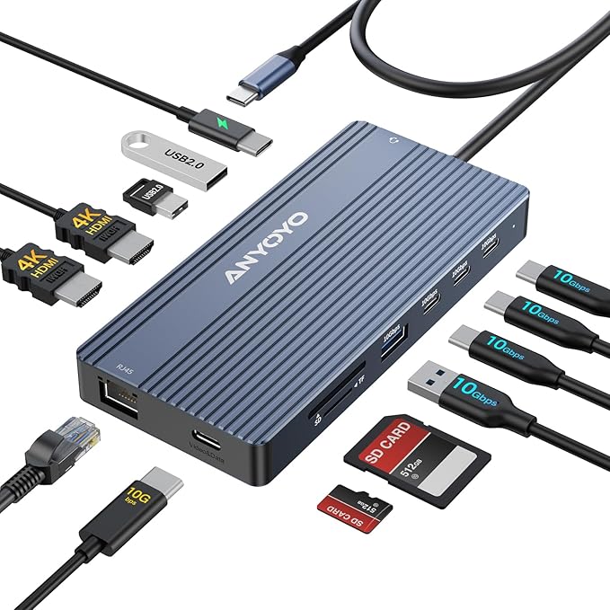 USB C Docking Station, 14 in 1 USB Hub for 3 Monitors, Dual 4K@60Hz HDMI & USB-C Video, 4xUSB-C(10Gbps), 3X USB-A, Ethernet, SD/TF & 3.5mm Audio Jack – Multiport Adapter for Laptop/HP/Dell/Lenovo