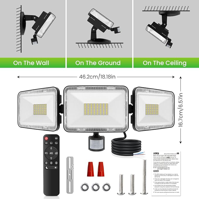 CLY 70W LED Security Lights Motion Sensor Light Outdoor, 6580LM 3 Head Motion Detection Outdoor Lights 6500K IP66 Waterproof, Dusk to Dawn, Flood Light Motion Detector for Entryway Yard Garage