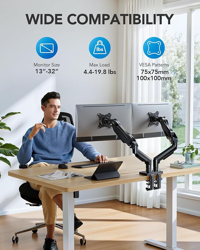 HUANUO Dual Monitor Stand, Fully Adjustable Gaming Monitor Desk Mount for 13–32″ Computer Screens, Full Motion VESA 75x75/100x100 with C-Clamp & Grommet Base, Each Arm Holds 4.4 to 19.8 lbs