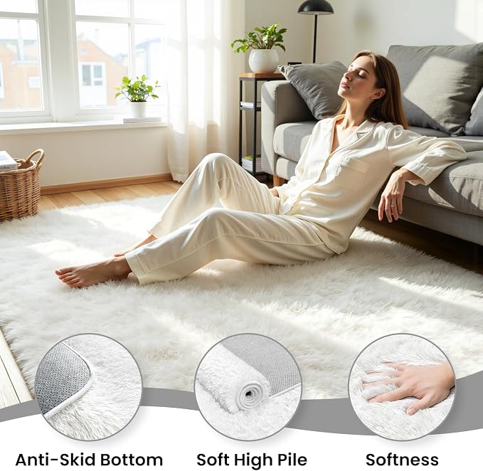 5x8 Fluffy Area Rug for Living Room: Soft Non-Slip White Bedroom Carpet | Ultra - Image 5