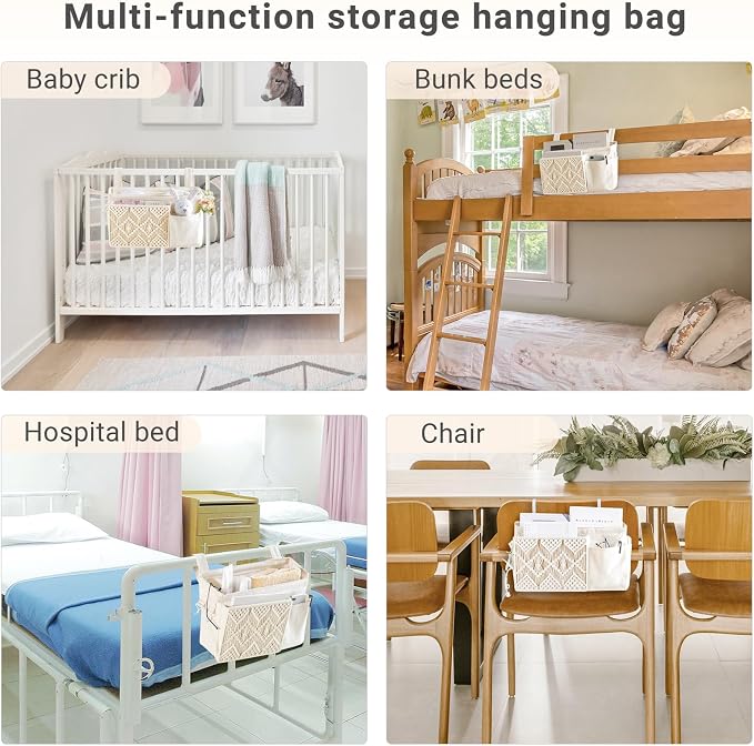 Mkono Bedside Caddy, Macrame Hanging Organizer, 4 Pockets Ivory Metal Hooks | - Image 4