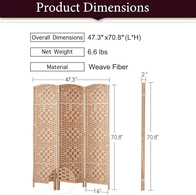 RHF Room Divider Panel, 3Panel Partition Room Dividers, Wall Divider, Natural | - Image 2