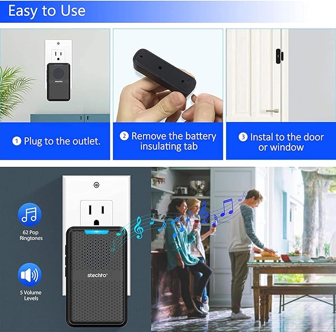 Wireless Door Chime, 600Ft Range 5 Adjustable Volume 2 Magnetic Door Alarm Sensor 1 Doorbell Plugin Receiver with 62 Chimes Mute Mode Door Bell Plugin Receiver for Home/Office/Store STECHRO (Black)