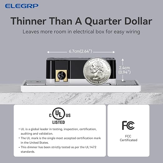 ELEGRP Dimmer Light Switch for 300W Dimmable LED/CFL Lights and 600W INC/HAL Bulbs, Single Pole/3-Way LED Slide Dimmer Light Switch, Wall Plate Included, UL Listed, 2 Pack, Matte White