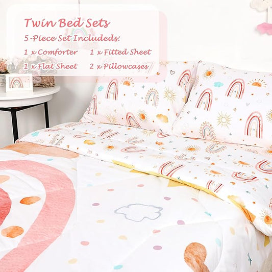 Twin Size Toddler Bedding Set for Girls- 5 Piece Rainbow Toddler Girl Bedding, Super Soft & Lightweight Toddler Comforter Set Includes Comforter, Flat Sheet, Fitted Sheet, Pillowcase (Pink)
