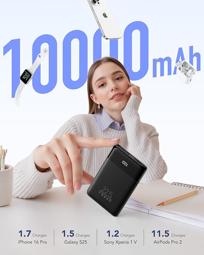 VEGER Portable Charger with Built in Cable, 10000mAh 22.5W Fast Charging USB C Battery Pack, 4 Outputs 3 Inputs Power Bank for iPhone 16/15/14/13 Series, iPad, Samsung, Android, Tablet, Black(1 Pack)