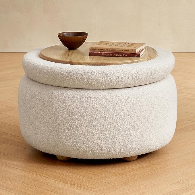 mopio Luna Round Ottoman with Storage and Tray, Round Coffee Table with Storage by MopioInc