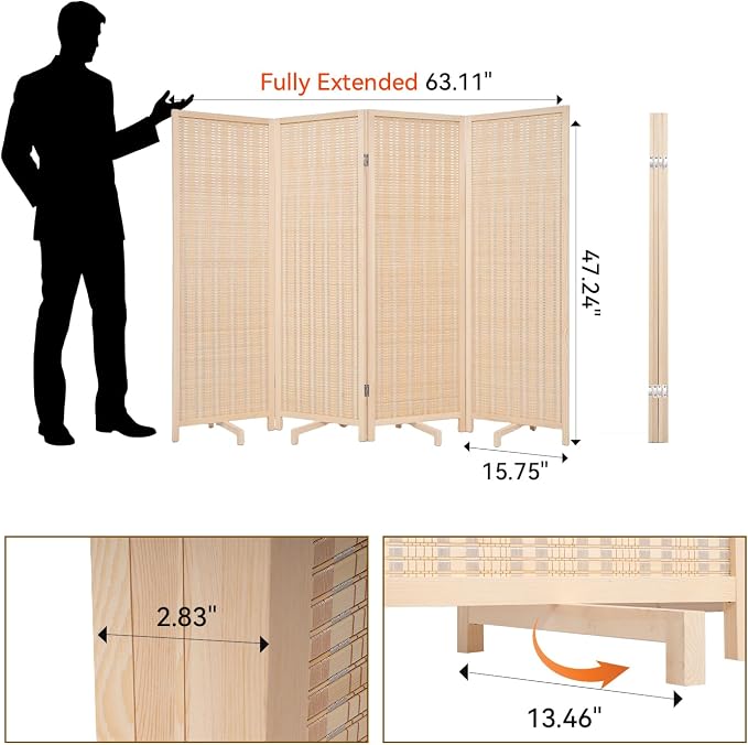 Bamboo Room Divider 4 Panel 47" H, 360°Rotating Feet Privacy Screen, Portable - Image 2
