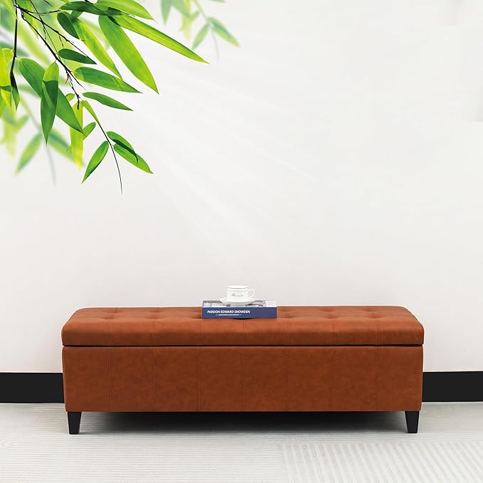 Joveco 51 Inch Storage Ottoman Bench,Tufted Leather Storage Bench for Bedroom (51”,Dark Orange)