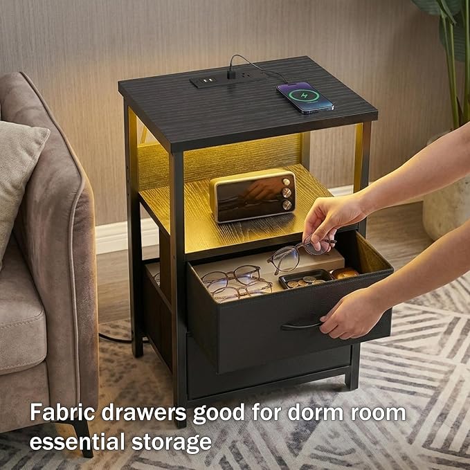 Fixwal Night Stand with Charging Station, 2 Drawers | fabric drawer, built-in - Image 7