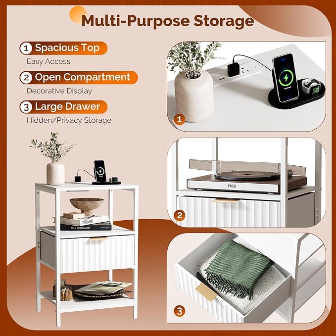 VINGLI White Nightstand with Charging Station and Fabric Drawer, Fluted Night - Image 9