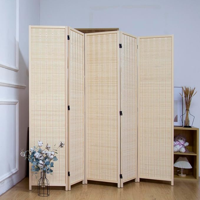 5 Panel Bamboo Room Divider, 5.6 ft Tall Folding Privacy Screen, Freestanding - Image 5