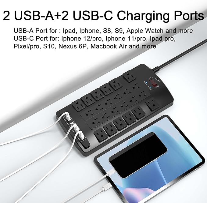 Surge Protector Power Strip - QINLIANF 20Ft Flat Plug Heavy Duty Extension Cord with 24 Outlets and 4 USB Ports(1 USB-C Ports), 1875W/15A, 4100J, for Home, Office, Dorm, ETL Listed, Black