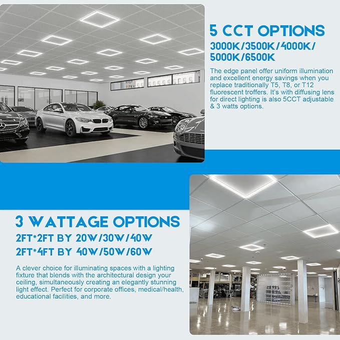 2x2 FT Edge-Lit Frame LED Panel Lights,5CCT Selectable 3000K-6500K, 2600/3900/5200LM,20W/30W/40W Switch Grid Drop Ceiling Lights,0-10V Dimmable,Damp Rated,100-277V,ETL Listed (2 x 4-4 Pack)