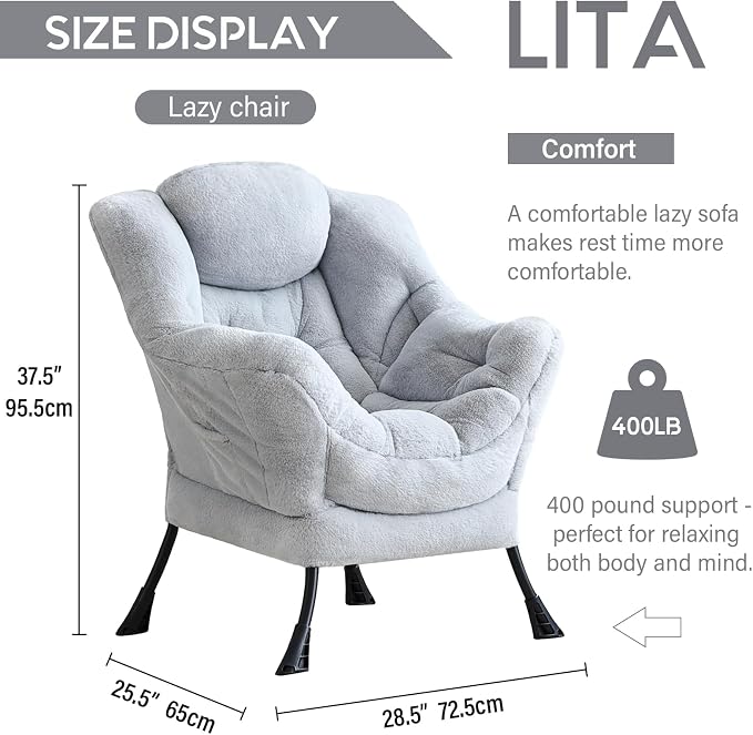 Lazy Chair with Ottoman, Comfy Accent Reading Chair, Plush Grey | Foldable - Image 3