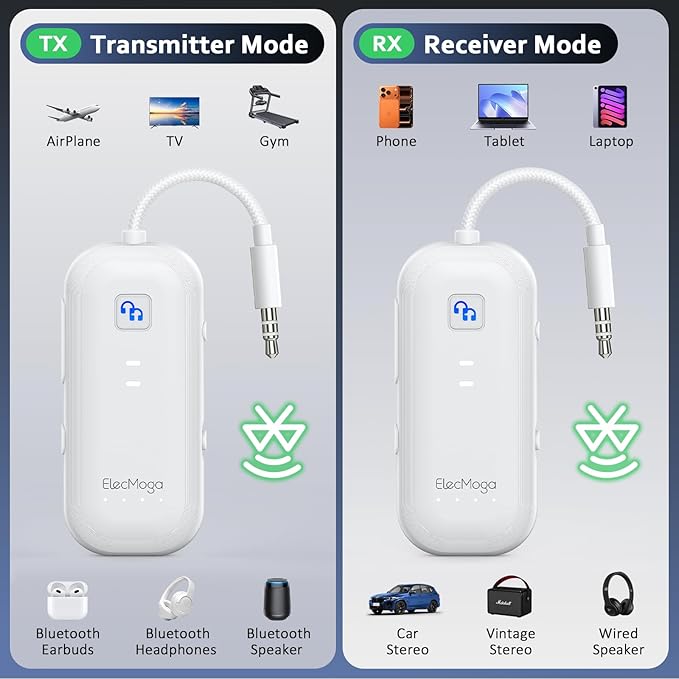 2025 Upgraded Airplane Bluetooth 5.4 Transmitter with aptX Adaptive, ElecMoga Airplane Travel Essentials Supports 2 AirPods or Headphones, 2-in-1 AUX Wireless Transmitter Receiver for TV, Car, White