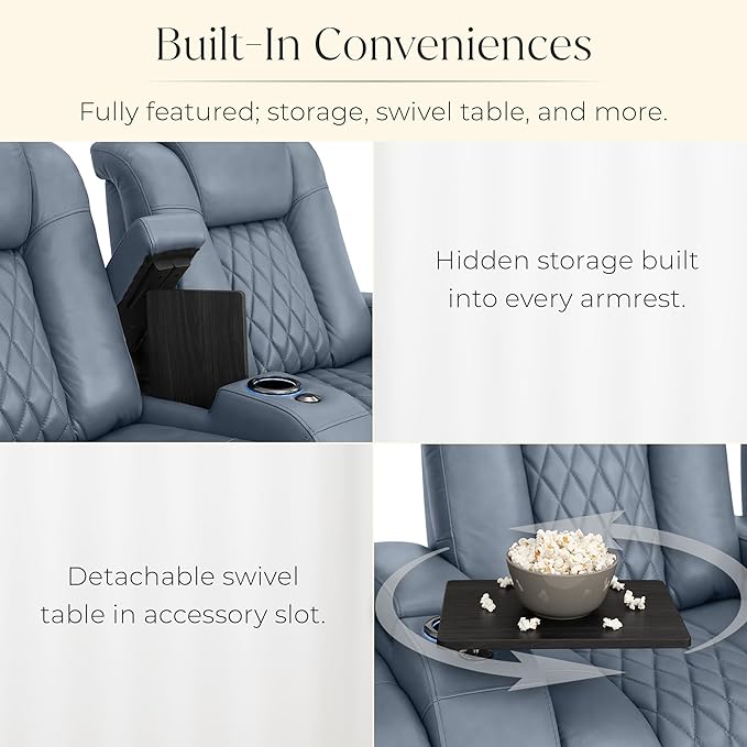 Seatcraft Diamante Zero-Gravity CoolZero Italian Leather Home Theater Seating, Power Headrest, Power Recline, Row of 3 Sofa, Smokey Blue