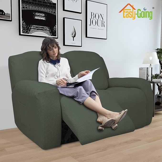 Easy-Going 6 Pieces Recliner Loveseat Stretch Sofa Slipcover Sofa Cover Furniture Protector Couch Soft with Elastic Bottom Kids, Spandex Jacquard Fabric Small Checks Olive Green