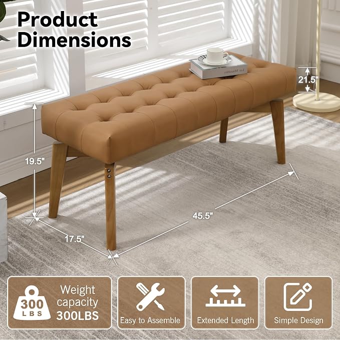 DUOMAY Brown PU Upholstered Entryway Bench Window Bench | 45.5 End of Bed Bench - Image 2