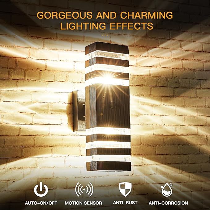 Delicavy Motion Sensor Outdoor Wall Light Fixture Up Down Porch Lights Modern Dusk to Dawn Exterior Sconce Wall Mount Outside Coach Lantern for House Front Door Garage (Include 2 Free Dimmable Bulbs)