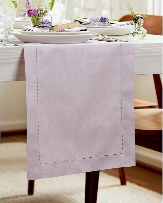 Solino Home Linen Table Runner 48 Inches - 100% Pure Linen Lilac Hemstitch Table Runner 14 x 48 Inch Ideal for Dresser and Coffee Tables - Classic Hemstitch