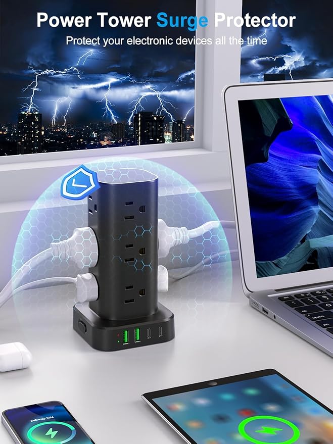 Power Strip Tower with Multiple Outlets, Flat Plug Surge Protector Tower Extension Cord with 12 AC Outlets 4 USB Ports (2 USB C), 15FT Cord Power Tower Surge Protector for Home Office Dorm Room, Black