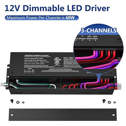 GOOVER 180W Dimmable LED Driver,12V 5-in-1 Dimmable Power Supply,3-Channels AC to DC Transformer for LED Light, Compatible with Most Dimmer, Waterproof IP67 and UL Listed, Class 2