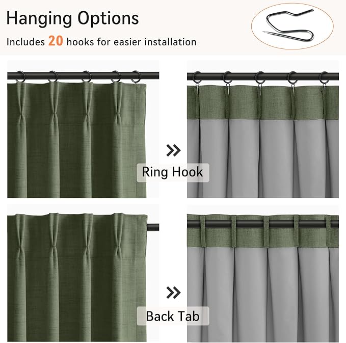Pinch Pleated Full Blackout Faux Linen Curtains 108 Inches Long | Moss Green - Image 3