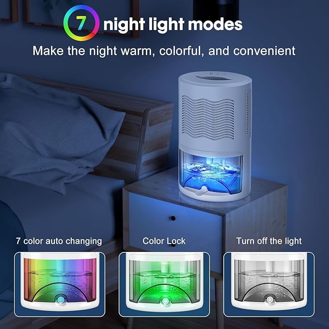 Dehumidifier, Dehumidifier for Home, 68 OZ Water Tank, Small Dehumidifiers for Bedroom (1000sq.ft) with 7 LED Lights, Ultra Quiet & Auto Shut off, Bathroom, Basement, Closet, Garage, RV. (White)