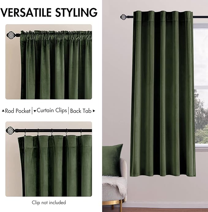MIULEE Velvet Curtains 52x63 inches 2 Panels Olive Green Blackout Curtains | - Image 2