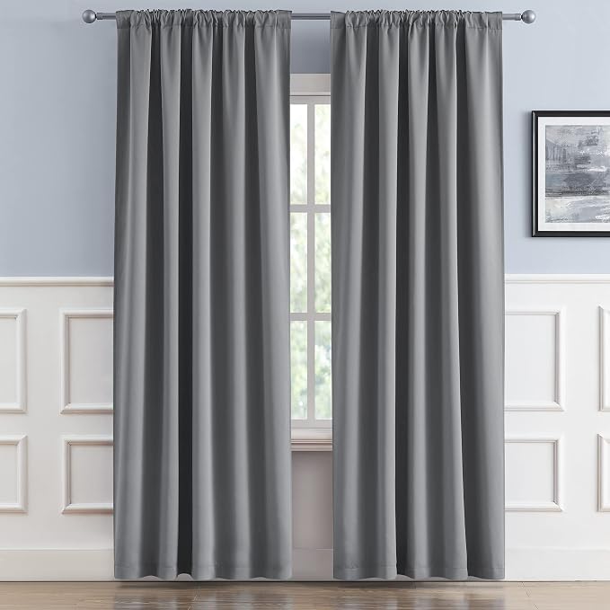 Thermal Insulated Gray Blackout Curtain Panels 96 Inches Long, Back Tab and Rod - Image 2