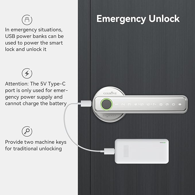 GEKRONE Fingerprint Smart Lever Lock TUYA APP Control Keyless Entry Bluetooth Touchscreen Indoor Handle Biometric Electronic Digital Door Knob with Keypad Suitable for Hotel Office Apartment Bedroom
