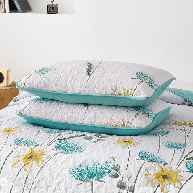 Dinjoy Floral Quilt Set Queen, Aqua Blue Bedspread Coverlet Set 3 Pieces | - Image 8