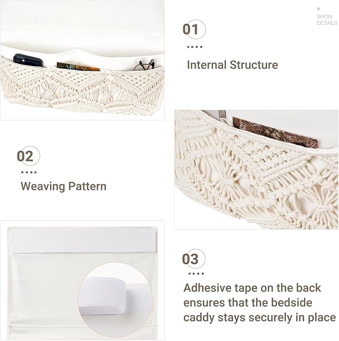 Mkono Macrame Bedside Caddy, Boho Bed Storage Organizer, 4 Pockets Ivory | Large - Image 5