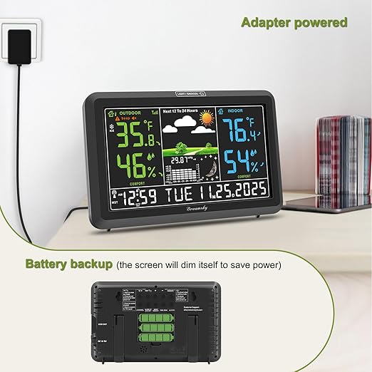 DreamSky Weather Station Indoor Outdoor Thermometer Wireless with Digital Atomic Clock for Home, Large Display with Dimmer, USB, Inside Outside Temperature Humidity Monitor (Adapter Powered)-2 Sensor