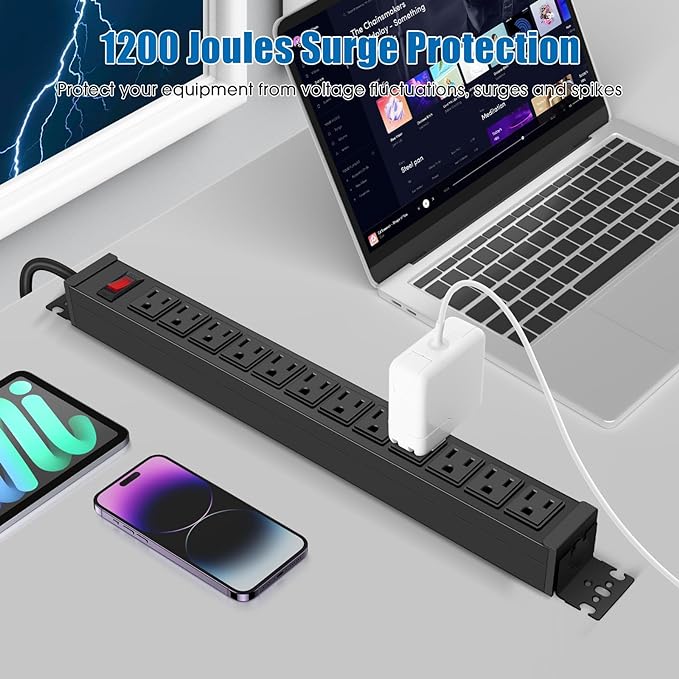 HHSOET 2 Pack Rotating Mountable Power Strip, 12 Outlet Wall Mount Surge Protector, Metal Heavy Duty and Versatile Outlet Strip, Stylish Appearance, Sturdy and Durable, 3ft Power Cord.(Black)