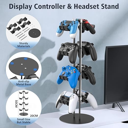 Kytok Controller Stand 4 Tiers with Cable Organizer for Desk, Universal Headphone Stand Compatible with Xbox PS5 PS4 Console Nintendo Switch, Headset Holder & Desk Mounts for 8 Packs Controller