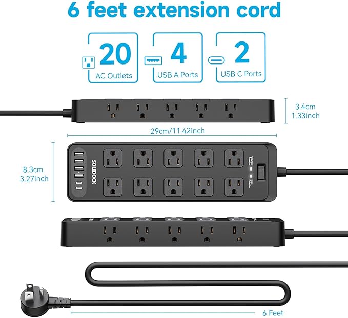 Solidock Flat Plug Power Strip Surge Protector with 20 AC Outlets 6 USB Ports, 1875W/15A, 2700 Joules, 6 Ft Heavy Duty Extension Cord with Multiple Outlets for Home, Office, Dorm, Gaming,ETL Listed