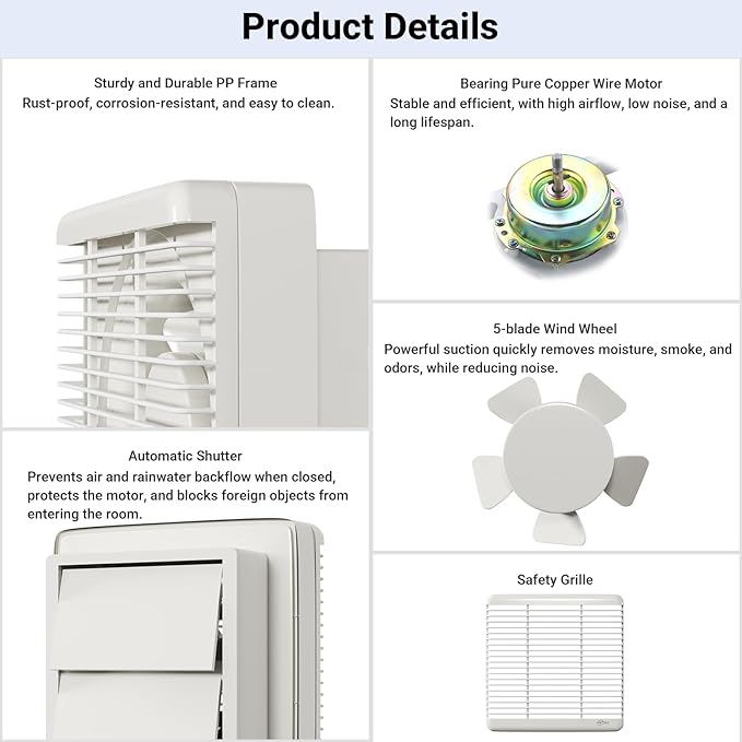 EINTTAX 8 Inch Wall Mounted Shutter Exhaust Fan with Automatic Shutter, 177 CFM Quiet Powerful Plug in Wall Exhaust Fan, Window Extractor Ventilation Fan for Bathroom, Attic, Garage, Shed, 25W, White