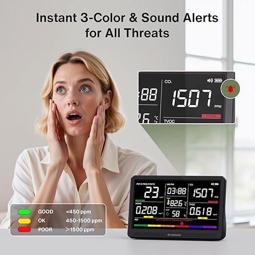 bonoch 16 in 1 Air Quality Monitor Indoor 7" Display 9 AQI+7 AQI Alerts, CO2 Monitor Air Quality Tester for CO2, TVOC, PM2.5 PM1.0 PM10, HCHO Temperature Humidity AQI & Time Air Quality Meter for Home
