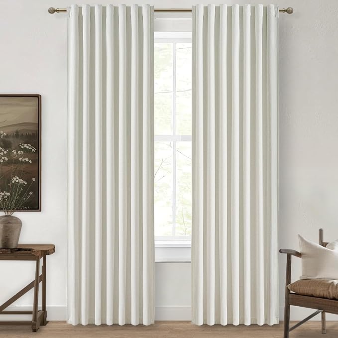 QJmydeco Beige White Linen Curtains 90 Inches Long 2 Panels Set, Modern Neutral by QJMYDECO