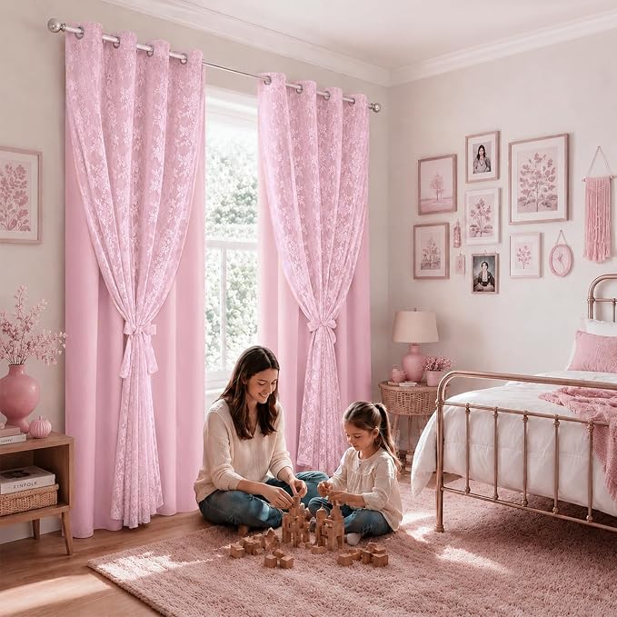 Yinhua Pink Blackout Curtains Double Layer Curtains - Image 7